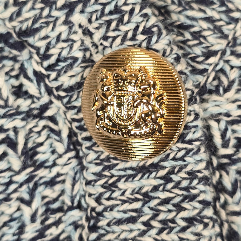 ON‎ 34TH Womens Blue White Marled Cotton Knit Cardigan Gold Crest Buttons Large - Picture 7 of 10